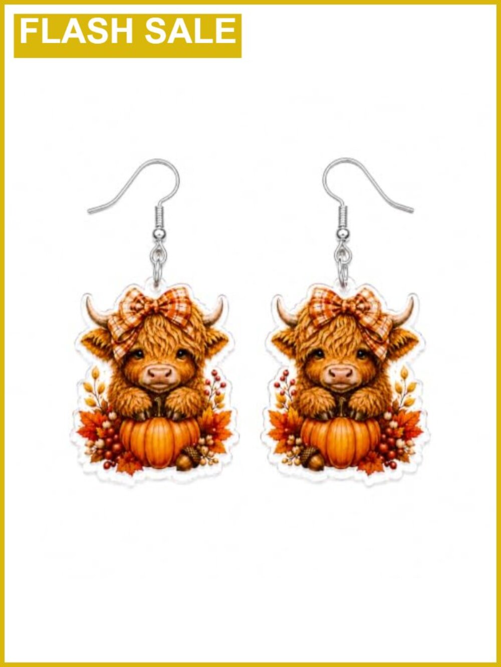Fall Highland Cow Pumpkin Dangle Earrings Acrylic Thanksgiving